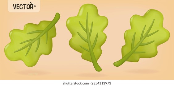 Autumn fallen oak leaf. Green oak leaf. Set of vector icons in 3D style.
