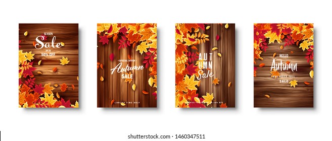 Autumn falling leaves. Banner set. Nature background with red, orange, yellow foliage. Flying leaf. Season sale. Vector illustration.