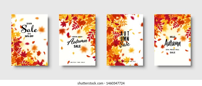 Autumn falling leaves. Banner set. Nature background with red, orange, yellow foliage. Flying leaf. Season sale. Vector illustration.