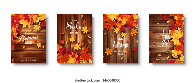 Autumn falling leaves. Banner set. Nature background with red, orange, yellow foliage. Flying leaf. Season sale. Vector illustration.