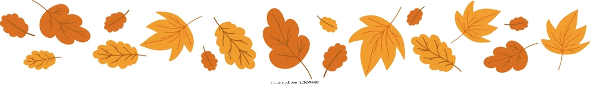 Autumn Falling Leaves Border. Leaf swirls. Flat doodle fall cartoon element. Vector illustration isolated on transparent background