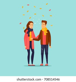 Autumn falling leaves. Couple. Flat design vector illustration.