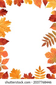 Autumn falling leaves frame A4. Seasonal border isolated on white background. Vector illustration