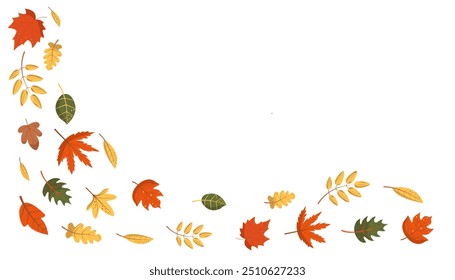 Autumn falling leaves frame. Border of Flying orange, red and green foliage from falling tree. Fall Vector isolated illustration horizontal banner