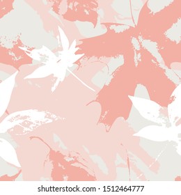 Autumn falling leaves on grunge background. Autumnal maple leaves seamless pattern in pastel coral blue colors. Vector illustration for fall wallpaper, textile, fabric etc