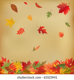 Autumn Falling Leaves On Old Paper, Vector Illustration