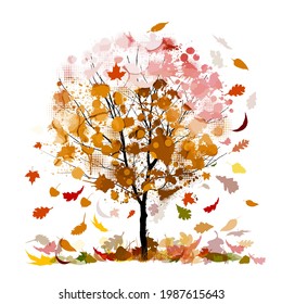 otoño con hojas caídas. Árbol de otoño naranja. Ilustración del vector