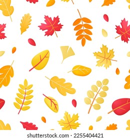 Autumn falling leaves seamless texture. Yellow red 3d leaf, maple and oak foliage pattern. Seasonal fall forest elements, nature vector background