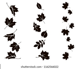 Autumn falling leaves. Vector silhouette of maple, oak, rowan and other leaves. Set of autumn decorations.