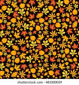 Autumn falling maple and oak leaves, seamless pattern on black background.