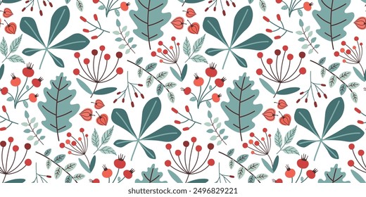 Autumn, Fall,Thanksgiving day seamless pattern with leaves, branches, fruits in trendy design. Harvest festival background in flat style. Vector illustration.
