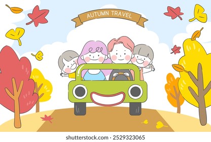 Autumn Family Road Trip Under Ginkgo and Maple Trees - Cartoon Style