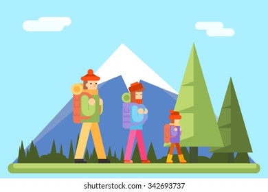 Autumn Family Trip Concept Flat Icon Mountain Forest Background Vector Illustration