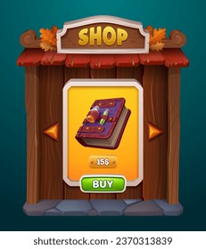 Herbstfantasy Game Shop auf Holzrahmen-Hintergrund. Gui Buy Button im Herbst-Shop für die Benutzernavigation. 2. mittelalterliche Fenstertafel für mobile App. Zauberbuch für rpg