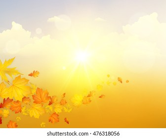 Autumn Fantasy Vector Landscape Background, Sunset on cloudy sky.
