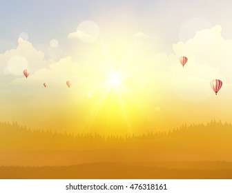 Autumn Fantasy Vector Landscape Background, Sunset and hot air ballons on cloudy sky.

