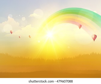 Autumn Fantasy Vector Landscape Background, Sunset and hot air ballons on cloudy sky.

