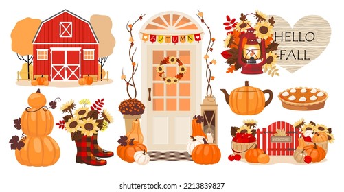 Autumn farm elements set - pumpkin harvest, house, doors, pumpkin pie, sunflowers. Farm scene with barn, fence, pumpkins, fall decorations. Illustrated vector element.