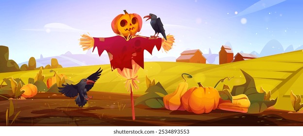 Autumn farm field landscape with ripe orange pumpkins on ground, scarecrow with face on gourd head, straw body and old clothes, black birds, hills and red barn on horizon, blue sky with sun.