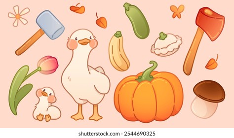 Autumn farm harvest and ducks set isolated on orange background. Contemporary vector cartoon illustration of cute domestic birds, pumpkin, mushroom, yellow leaves, tools, Thanksgiving card pattern