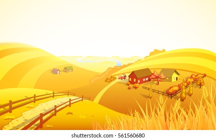 Autumn farm landscape composition with orange field trees houses wheat and river vector illustration