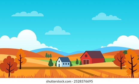 An autumn farm landscape countryside with trees, hills, and a barn. Rural agriculture, harvest fields, and a village scene. The flat, colorful design of farmland. Not AI.