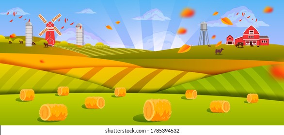 Autumn farm landscape with haystacks, green fields, hills, barn, mill, cows, sunrays, falling leaves. Organic farming landscape with morning sky, clouds, meadow, pasture, water tower, village houses