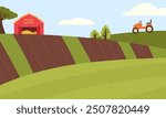 autumn farm landscape. Rural landscape with a farm, field, tractor, trees. Vector illustration