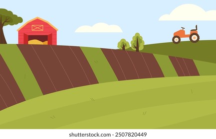 Paisaje de la granja del otoño. Paisaje rural con una granja, campo, tractor, árboles. Ilustración vectorial