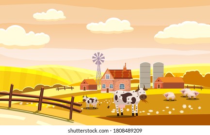 Autumn farm landscape rural hills meadows fields countryside cow sheeps. Yellow orange panorama horizon. Vector illustration isolated