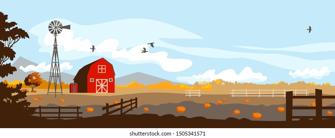 Autumn farm landscape. Rural illustration with pumpkins, crows and red barn. Seasonal panorama.