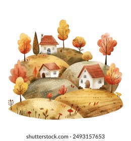 autumn farm lanscape vector illustration in watercolor style