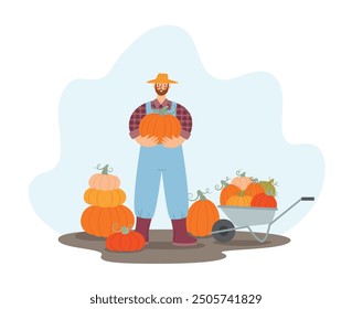 Gente de trabajo agrícola de otoño. Hombre con una calabaza grande en un campo de calabazas. Otoño granja vida plana Ilustración vectorial