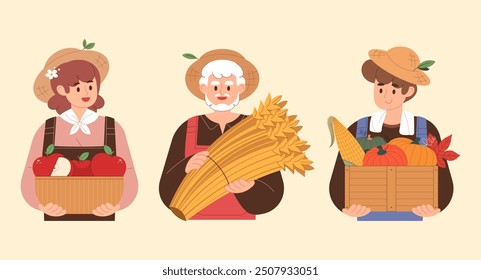 Ilustración de agricultores de otoño. Manzanas, trigo, calabaza y maíz están en la cesta.