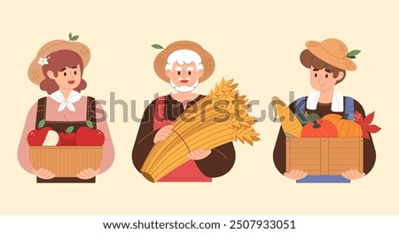 Autumn farmers illustration. Apples, wheat, pumpkin and corn are in the basket.