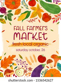 Autumn farmers market banner with pumpkins,mushrooms,eggplant,apple,zucchini,tomatoes,corn,beet,berries and floral elements.Local food fest design.Agricultural fair.Harvest season.