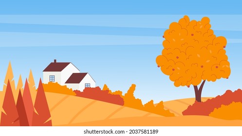 Autumn farmhouse and garden tree, rural scene vector illustration. Cartoon simple farmer building, village house cottage with chimney, autumn orchard on hills, simple neighborhood scenery background