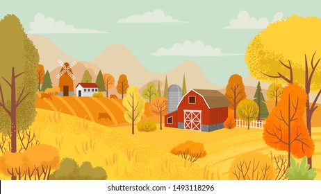 Autumn farming landscape. Country farm, yellow trees and farmhouse field. Autumnal rural village countryside nature cartoon vector background illustration