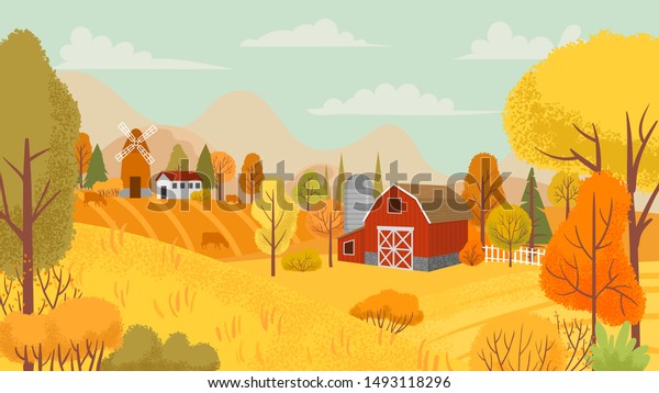 秋の農業風景 田園 黄色い木 農家の畑 秋の田園村の国側自然の漫画のベクター画像背景イラスト のベクター画像素材 ロイヤリティフリー