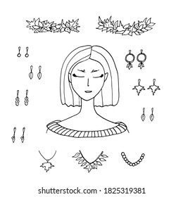 Autumn fashion creator. Young woman and fall accessories with leaves. Earrings, necklace, maple leaves crown isolated on white background. Stock doodle vector illustration to create your design