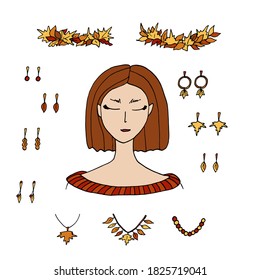 Autumn fashion creator. Young woman and fall accessories with leaves. Earrings, necklace, maple leaves crown isolated on white background. Stock cartoon vector illustration to create your design