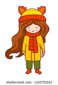 Autumn fashion. Cute little girl with book. Cartoon character.