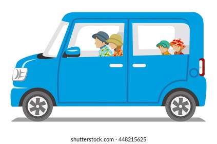 Autumn fashion Family riding the Blue car  - Isolated