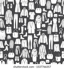 Autumn fashion. Hand drawn women's clothing and shoes. Vector  seamless pattern 