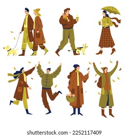 Autumn fashion icons people activities sketch cartoon characters