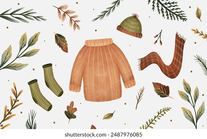 Autumn fashion and autumn leaves illustration. banner template with hat, scarf, gloves, sock and sweater illustration