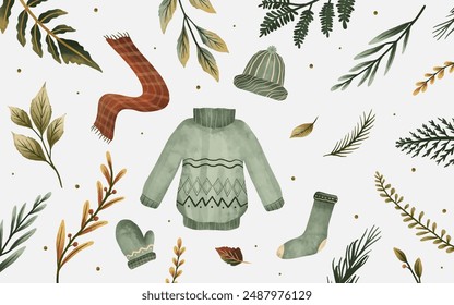 Autumn fashion and autumn leaves illustration. banner template with hat, scarf, gloves, sock and sweater illustration