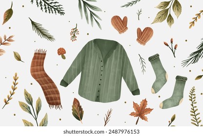 Autumn fashion and autumn leaves illustration. banner template with hat, scarf, gloves, sock and sweater illustration