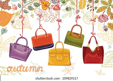 Autumn fashion set.Colorful fashion women's handbags  hang on a ribbon.Top border with colorful autumn leaves.Design template .Casual and festive.Fashion illustration,vector
