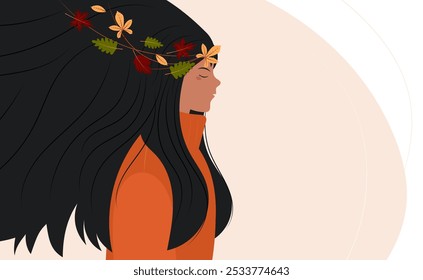 Autumn female character with long hair and leaf wreath. Design for card, banner, sale, social media, avatar, scrapbooking. 